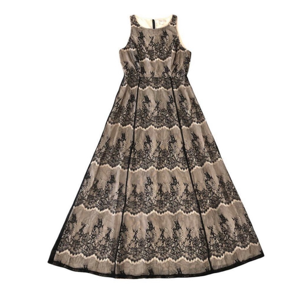 Black Lace Overlay Nude A Line Maxi Dress